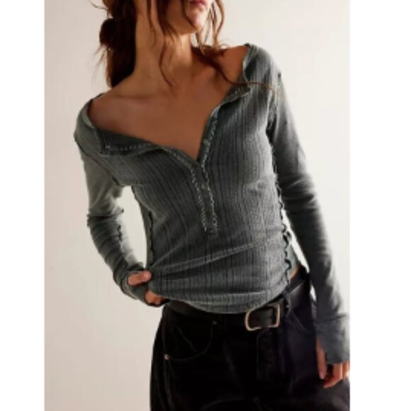 Free People ❤️ IVORY Henley Long Sleeve -NWT - Picture 3 of 10